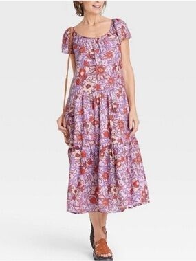 Knox Rose Lavender Floral Tiered Midi Dress with Red Accents
